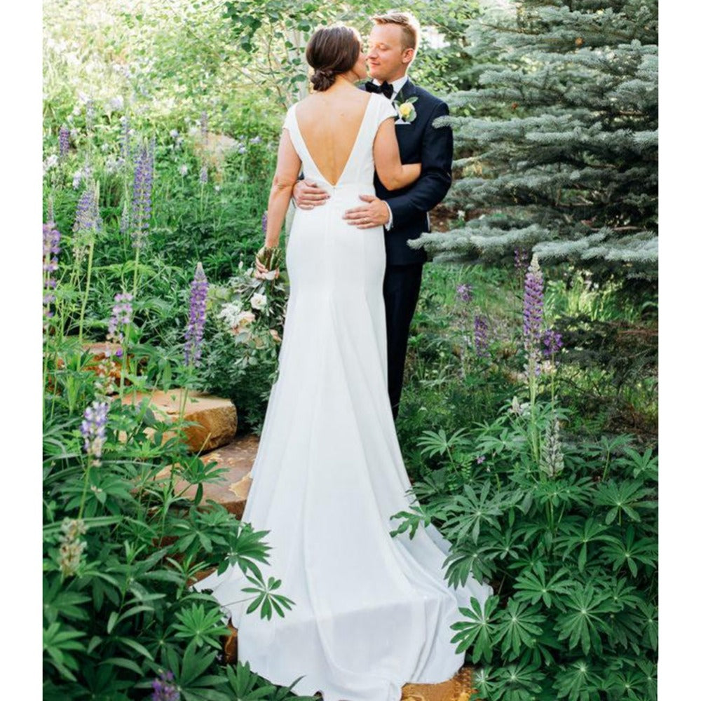 Modest Simple Country Crepe Sheath Boho Wedding Dresses With Cap Sleev TANYA BRIDAL Modest Simple Country Crepe Sheath Boho Wedding Dresses With Cap Sleev TANYA BRIDAL