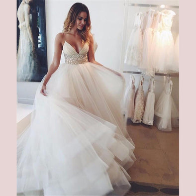 Crystals Wedding Dress Spaghetti Straps Sexy Dress Deep-V-neck