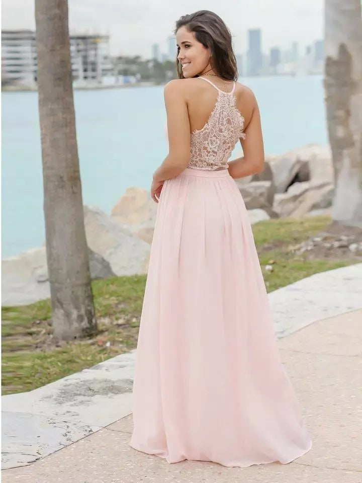 Sexy Long Chiffon Lace Bridesmaid Dresses Pink Wedding Party Dress TANYA BRIDAL Sexy Long Chiffon Lace Bridesmaid Dresses Pink Wedding Party Dress TANYA BRIDAL