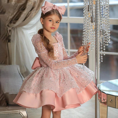 Cute Pink Kids Party Dresses for Birthday Long Sleeves