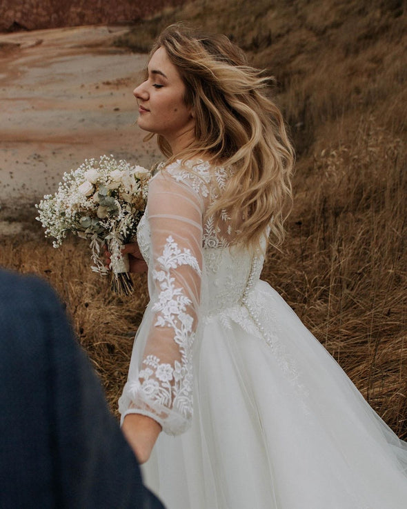 Long Illusion Sleeves Lace Tulle Country Style Wedding Gowns