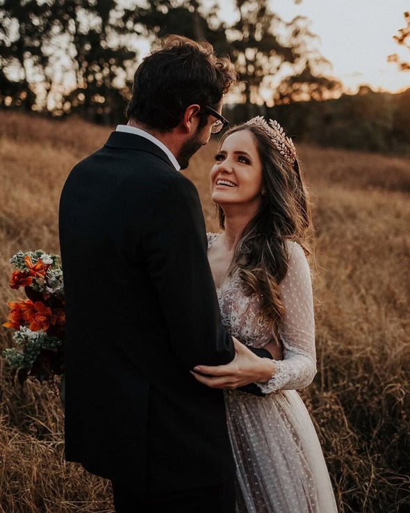 Long Sleeves V Back Points Lovely Champagne Lining Wedding Dresses