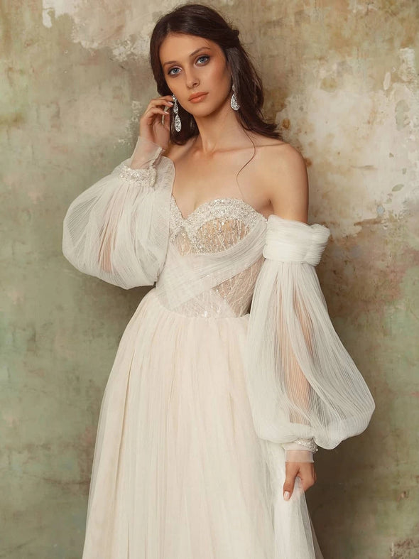 Off The Shoulder Tulle Wedding Dress Long Sleeve A Line Wedding Dress TBW68