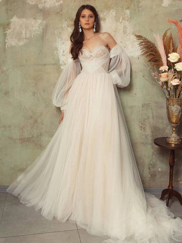 Off The Shoulder Tulle Wedding Dress Long Sleeve A Line Wedding Dress TBW68