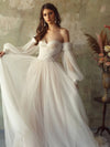 Off The Shoulder Tulle Wedding Dress Long Sleeve A Line Wedding Dress TBW68