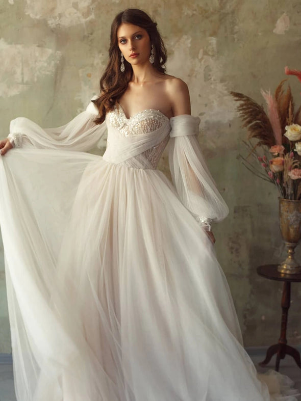 Off The Shoulder Tulle Wedding Dress Long Sleeve A Line Wedding Dress TBW68