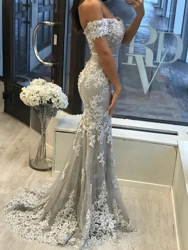 Mermaid Lace Prom Dress Off The Shoulder Sexy Evening Dress With Sleev TANYA BRIDAL Mermaid Lace Prom Dress Off The Shoulder Sexy Evening Dress With Sleev TANYA BRIDAL