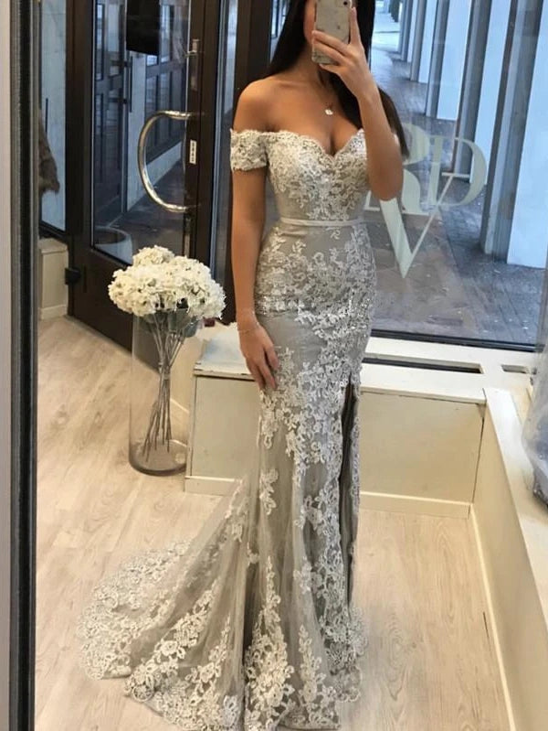 Mermaid Lace Prom Dress Off The Shoulder Sexy Evening Dress With Sleev TANYA BRIDAL Mermaid Lace Prom Dress Off The Shoulder Sexy Evening Dress With Sleev TANYA BRIDAL