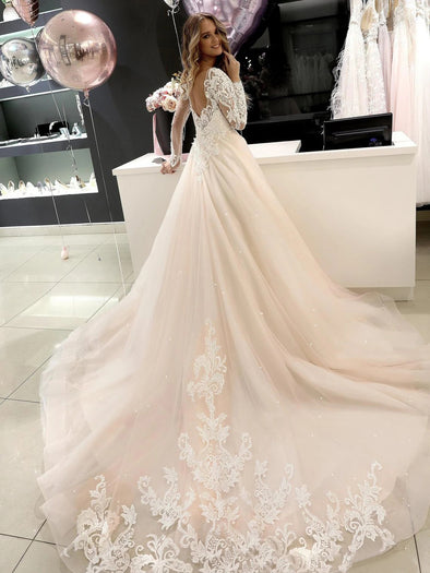 A Line Long Sleeve Wedding Dresses Lace Backless Wedding Dresses