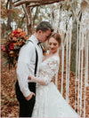 Long Sleeve V neck Lace Tulle Boho Wedding Gowns Rustic Bridal Dress