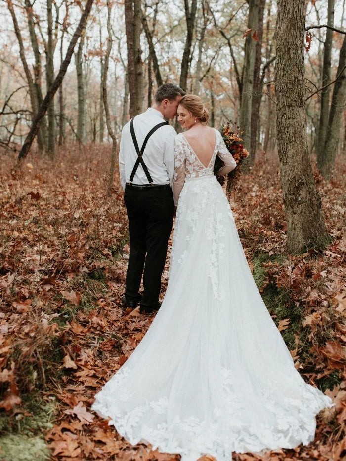 Long Sleeve V neck Lace Tulle Boho Wedding Gowns Rustic Bridal Dress TANYA BRIDAL Long Sleeve V neck Lace Tulle Boho Wedding Gowns Rustic Bridal Dress TANYA BRIDAL