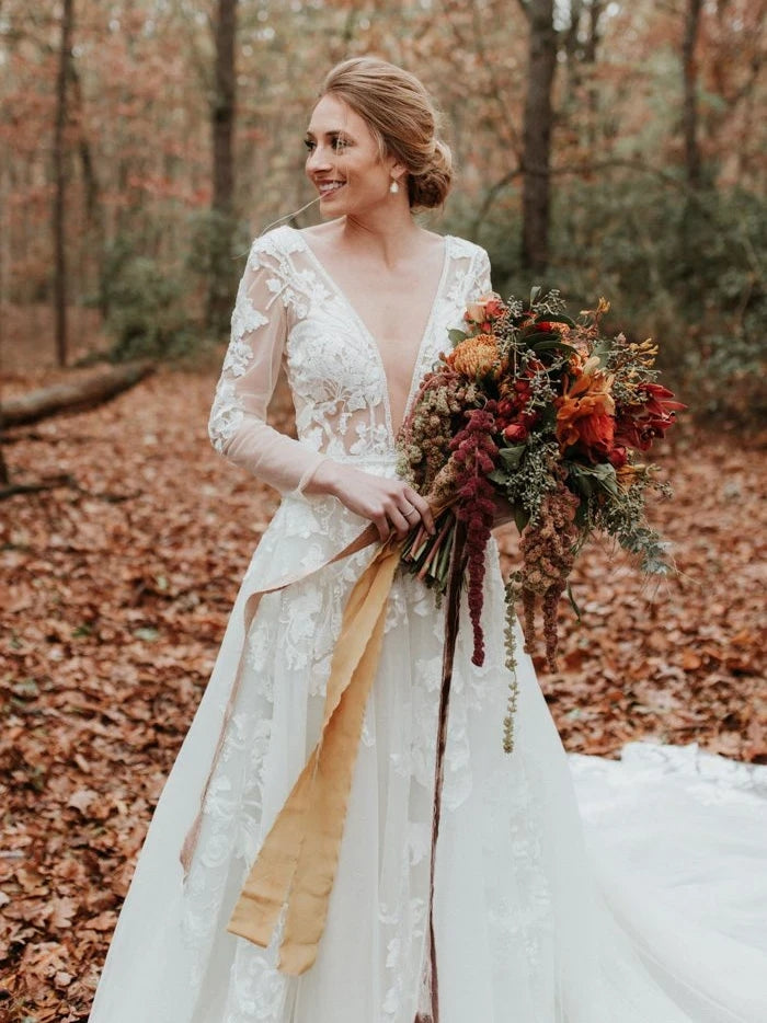 Long Sleeve V neck Lace Tulle Boho Wedding Gowns Rustic Bridal Dress TANYA BRIDAL Long Sleeve V neck Lace Tulle Boho Wedding Gowns Rustic Bridal Dress TANYA BRIDAL
