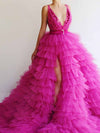 V Neck Tulle Hot Pink Prom Dress Vintage Custom Evening Dress 213111150