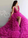 V Neck Tulle Hot Pink Prom Dress Vintage Custom Evening Dress 213111150
