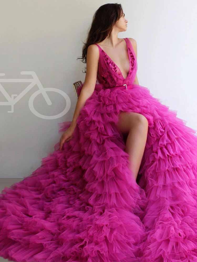 V Neck Tulle Hot Pink Prom Dress Vintage Custom Evening Dress 21311115 TANYA BRIDAL V Neck Tulle Hot Pink Prom Dress Vintage Custom Evening Dress 21311115 TANYA BRIDAL