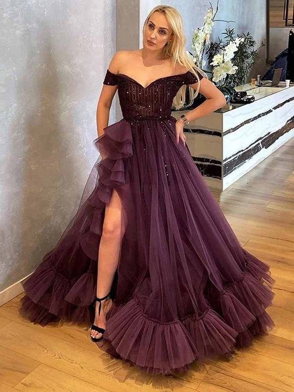 Grape Tulle Prom Dress Beading Long Custom Evening Dress 213111148
