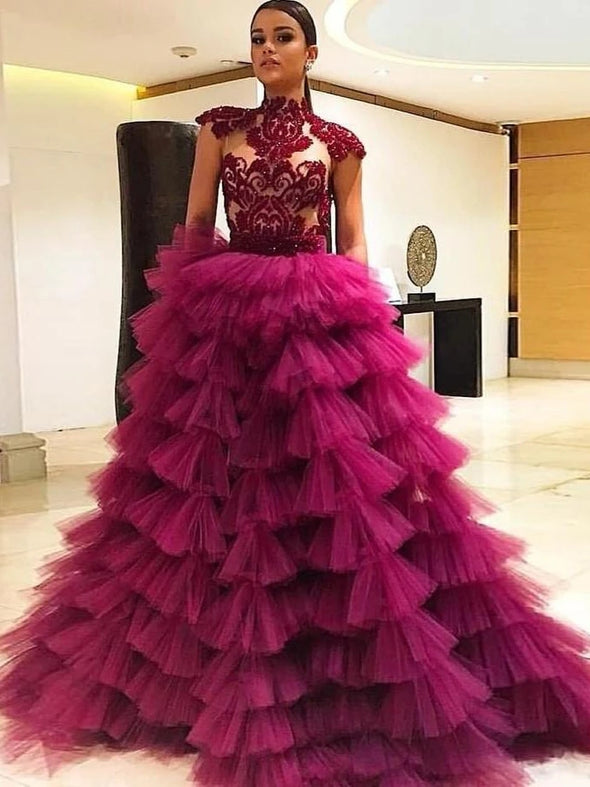 Ball Gown Tulle Prom Dress Vintage High Neck Evening Dress 213111137