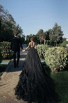 Chic Black Tulle Prom Dress V Neck Long Sleeve Evening Dress 213111129