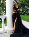 Chic Black Tulle Prom Dress V Neck Long Sleeve Evening Dress 213111129