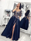 Navy Blue Embroidery A-Line Split Prom Dresses Long Half Sleeves Evening Dress 213111017