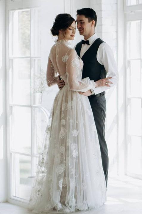 Dandelion Emboridery Lace Wedding Dresses Light Champagne