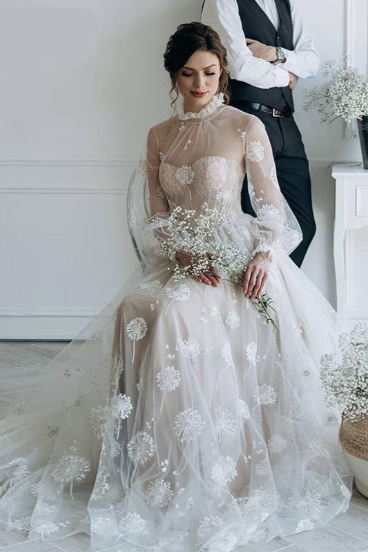 Dandelion Emboridery Lace Wedding Dresses Light Champagne Lining TANYA BRIDAL Dandelion Emboridery Lace Wedding Dresses Light Champagne Lining TANYA BRIDAL
