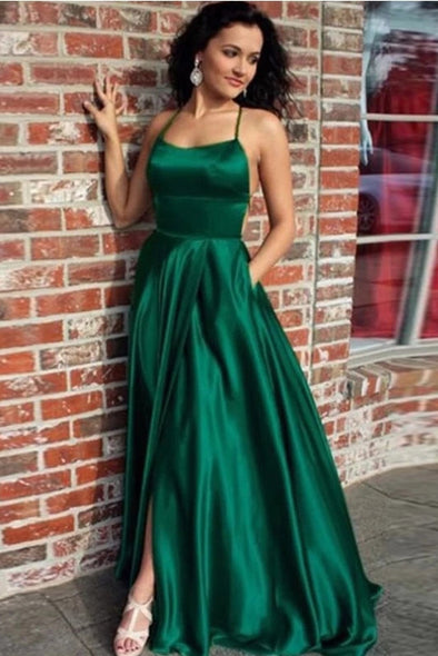 Dark Green Long Evening Dresses With Pocket