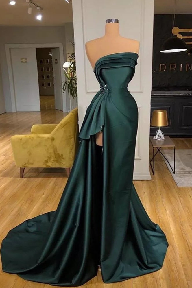 green emerald velvet dress Dark Green Sequin Spaghetti Straps Slit Long Prom Dress main image 1