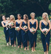 Dark blue v neck spaghetti straps silk fabric bridesmaid dress