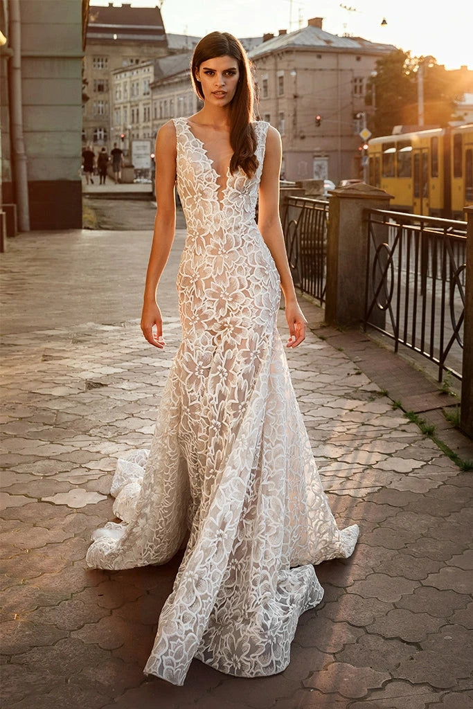Deep V-Neck Lace Mermaid Wedding Dresses Chic ZW875  TANYA BRIDAL