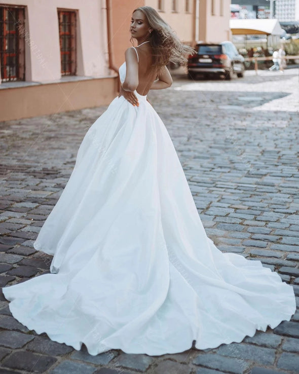 Deep V-Neck Simple Satin Wedding Dresses A Line High Split Elegant Bridal Gowns Backless Engagement Dress DW505