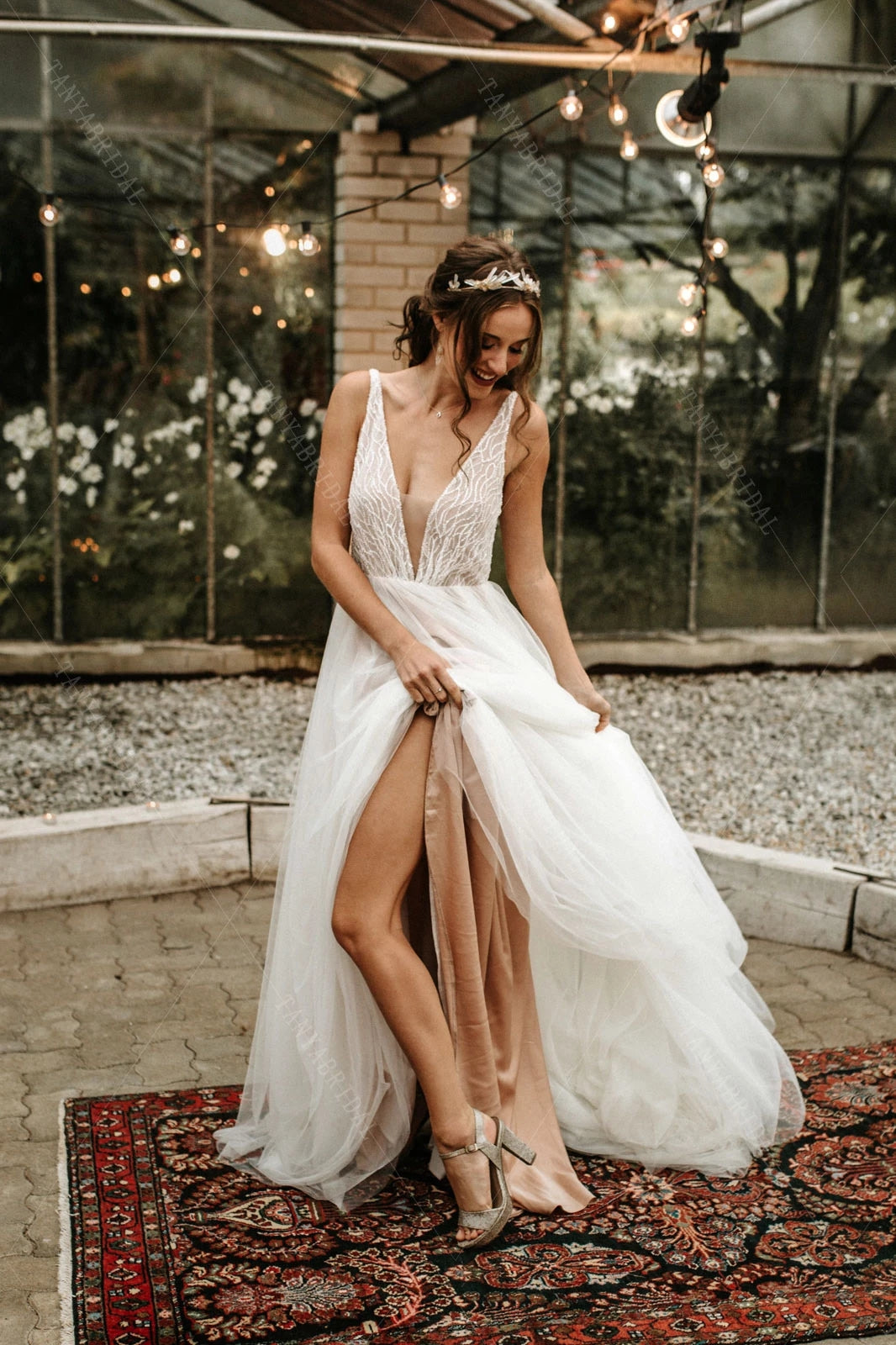 deep v neck tulle wedding dress Enchanting A-Line Bridal Gown in Lace and Tulle with a Deep V-Neckline