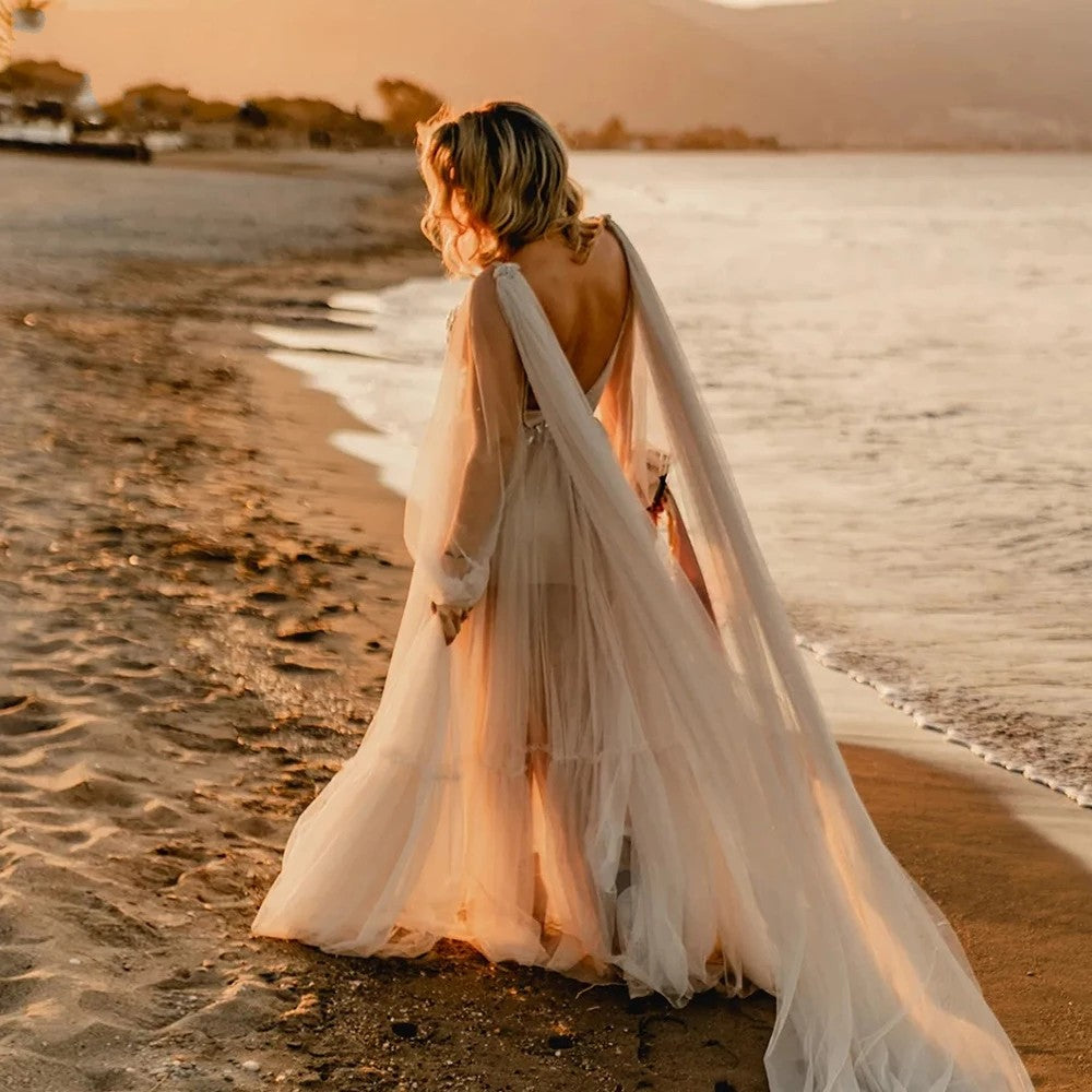Deep V-Neck Tulle Wedding Dresses With Cape ZW506 TANYA BRIDAL Deep V-Neck Tulle Wedding Dresses With Cape ZW506 TANYA BRIDAL