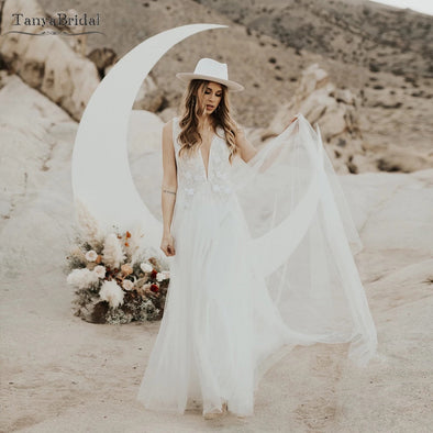 Deep V-Neck Wedding Dresses A Line Boho Beach Bridal Gowns DW482