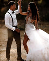 Deep V Backless Split Sweep Train Bohemian Wedding Bridal Dress TB1388