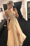 Deep V-Neck Beading Tulle Long Prom Dress TB1327
