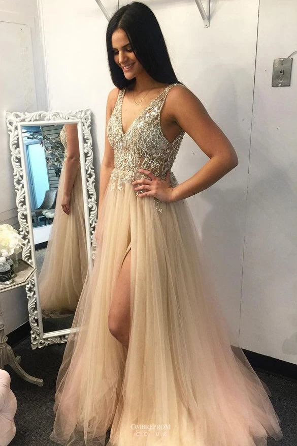 Deep V-Neck Beading Tulle Long Prom Dress TB1327