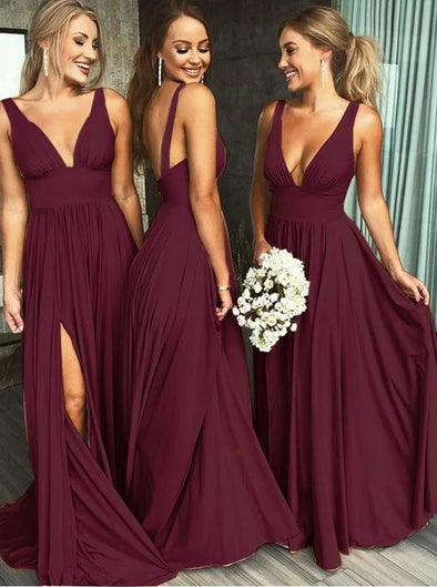 Burgundy Deep V-neck Backless Long Bridesmaid Dresses with Split