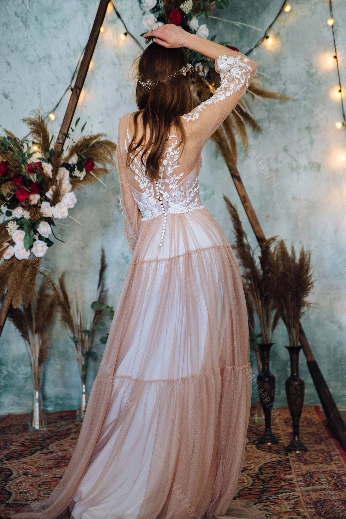 dress with sheer back Simple V-Neckline Fit-and-Flare Wedding Dress with Sheer Back