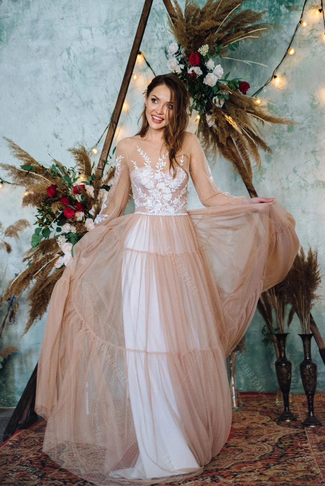 Dot Tulle Long Bishop Sleeve Wedding Dress Sheer Back Boho Engagement Gowns  DW486 -