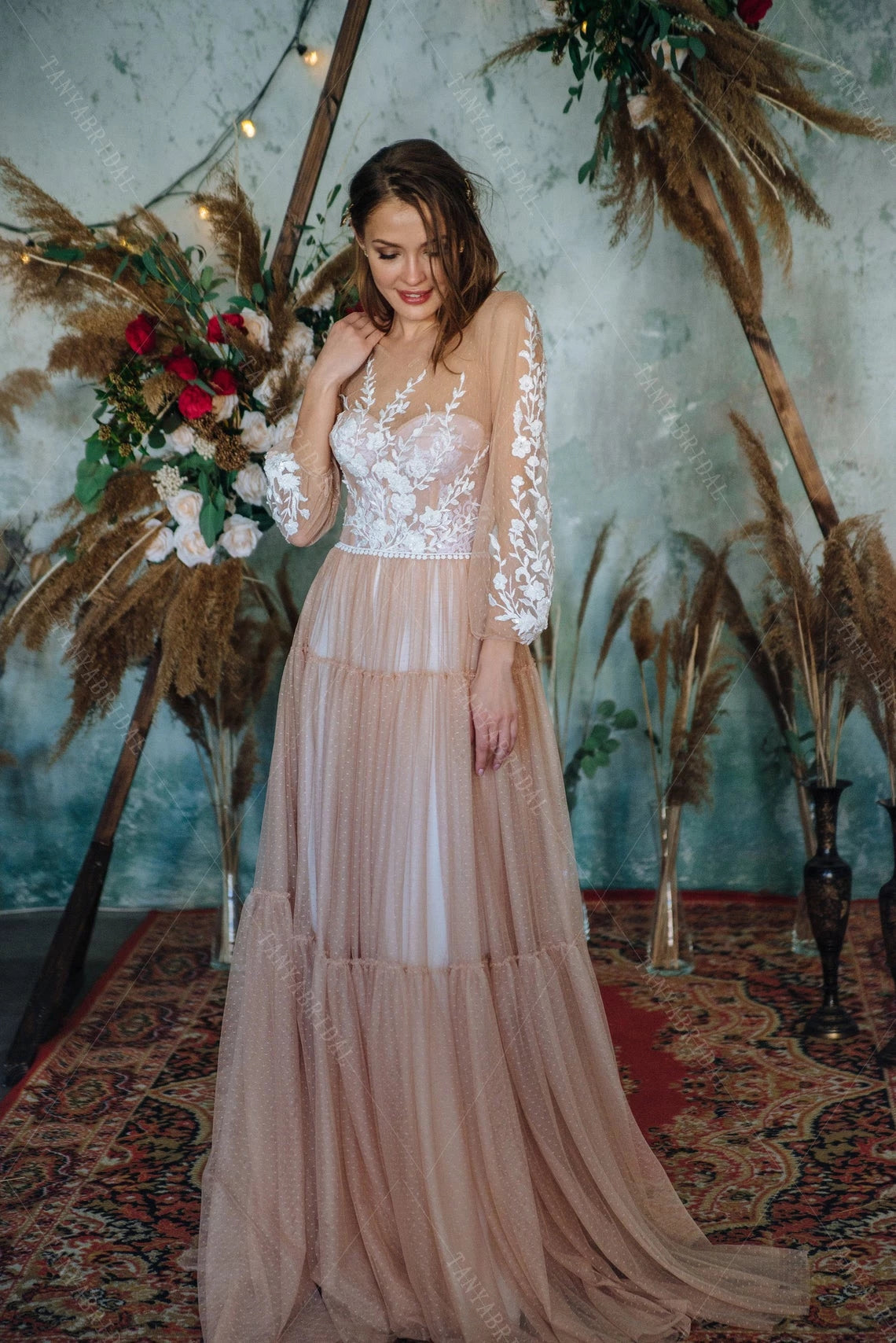 Dot Tulle Long Bishop Sleeve Wedding Dress Sheer Back Boho Engagement TANYA BRIDAL Dot Tulle Long Bishop Sleeve Wedding Dress Sheer Back Boho Engagement TANYA BRIDAL