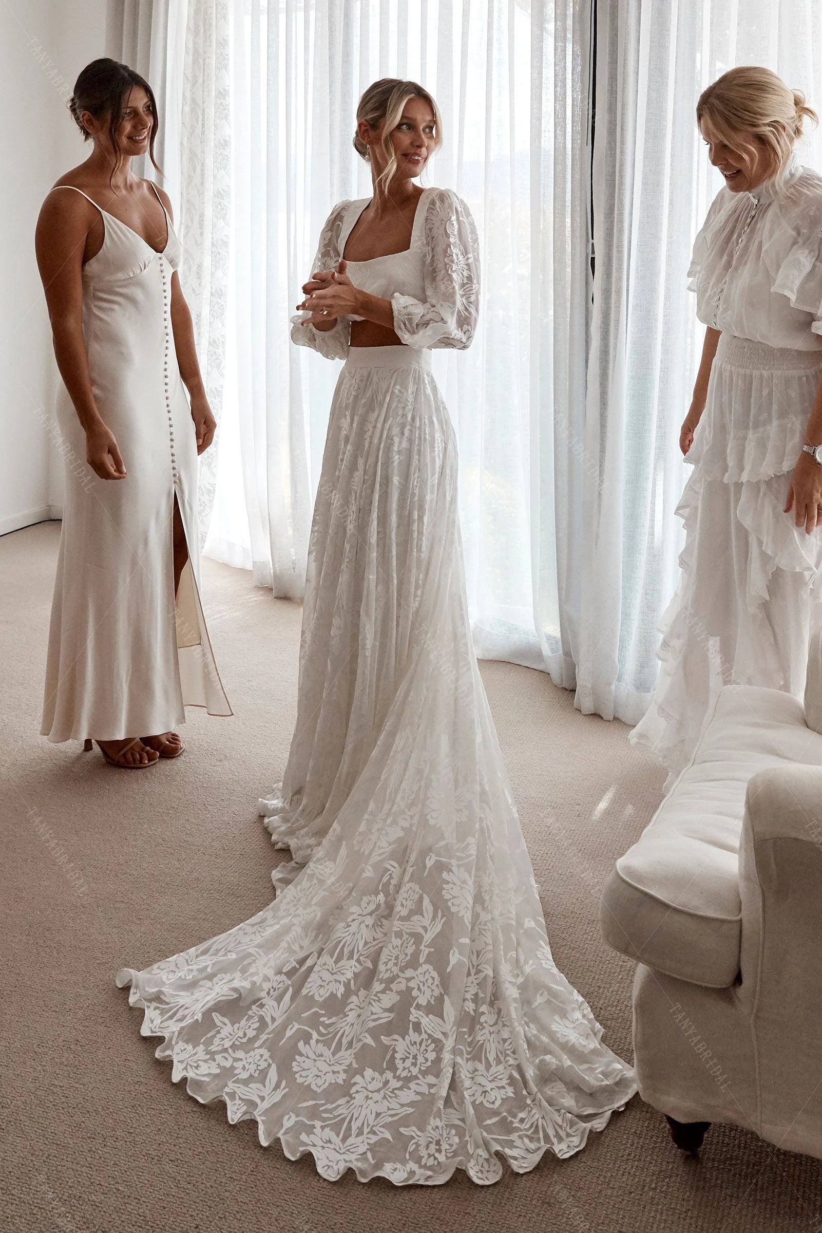 Dreamy Wedding Gown Two-Piece Silk Floral Lace Bohemian Bridal Dresses DW511 - Dreamy Wedding Gown Two-Piece Silk Floral Lace Bohemian Bridal Dresses DW511 -