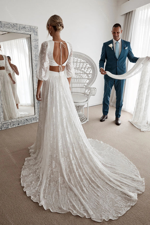 Dreamy Wedding Gown Two-Piece Silk Floral Lace Bohemian Bridal Dresses DW511