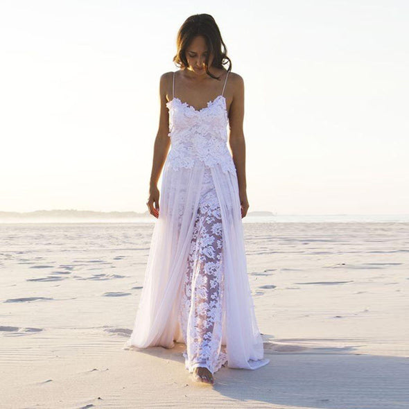 Beach Chiffon Backless Boho Wedding Gown Lace Bride Dress