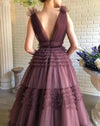 Elegant A-Line V-Neck Pleat Ruched Prom Dresses