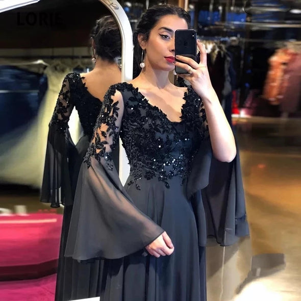 Flare Long Sleeve Elegant Black Evening Dresses
