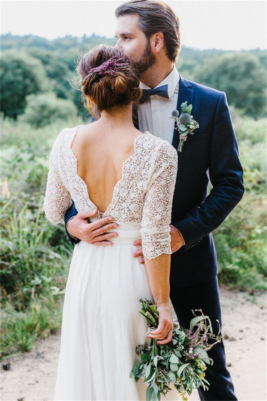 Deep V-neck 3/4 Sleeves Backless Beach Wedding Dresses