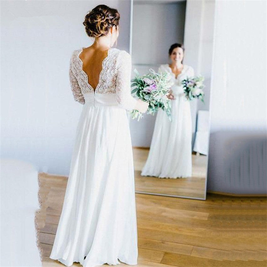 Deep V-neck 3/4 Sleeves Backless Beach Wedding Dresses TANYA BRIDAL Deep V-neck 3/4 Sleeves Backless Beach Wedding Dresses TANYA BRIDAL