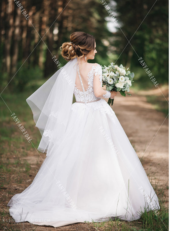 Elegant Lace Wedding Dresses A Line Long Sleeve Bridal Gowns illusion back Robe de soriee DW326