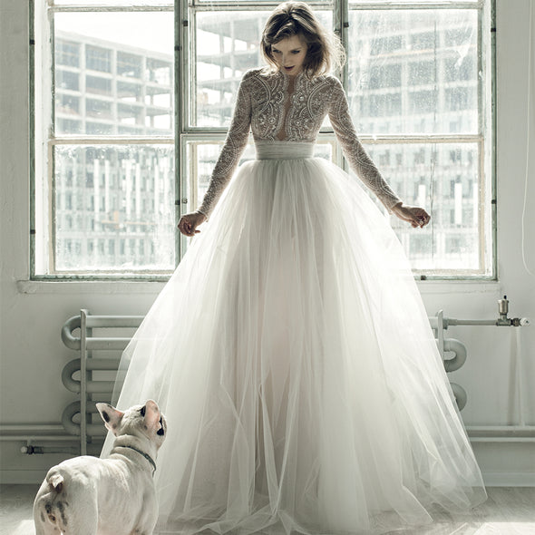 Long Sleeve Lace Ball Gown Tulle Luxury Beading Wedding Dress